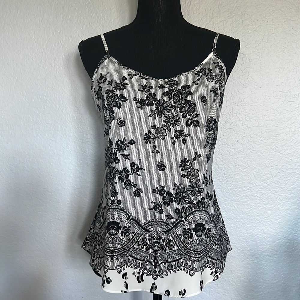 Black & White Lace Floral Print Blouse, SMALL